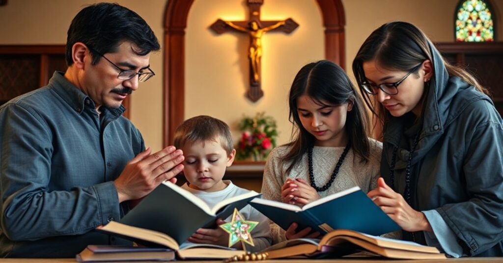 Rodzina katolicka modli się w domu, podkreślając ważność życia rodzinnego i wartości moralnych