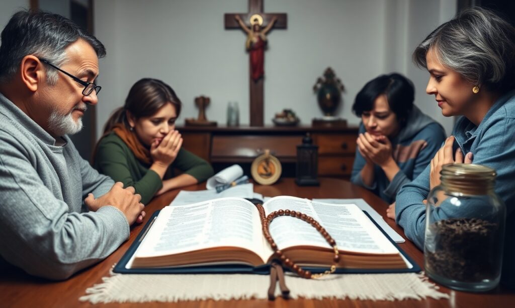 Rodzina katolicka modli się w skromnym domu z otwartą Biblią i tradycyjnym różańcem na stole. Na tle krzyż drewniany i ikona Serca Pana Jezusa. Rodzina otoczona symbolami roztropności i umiaru, takimi jak zrównoważona księga budżetowa i słoik na jałmużnę.