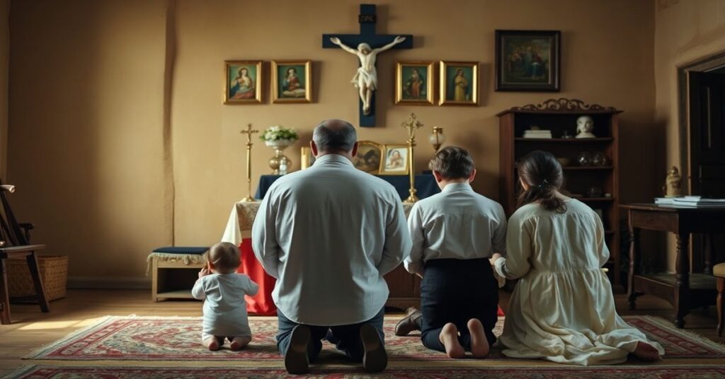 Rodzina katolicka modli się przed ołtarzykiem w tradycyjnym domu wiejskim