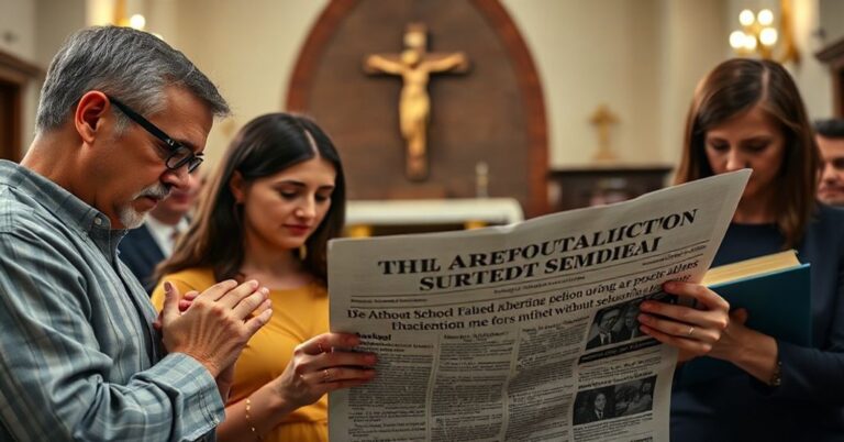 Godna rodzina katolicka modli się w kościele, czując smutek po przeczytaniu wiadomości o szkołach wspierających aborcję bez zgody rodziców.