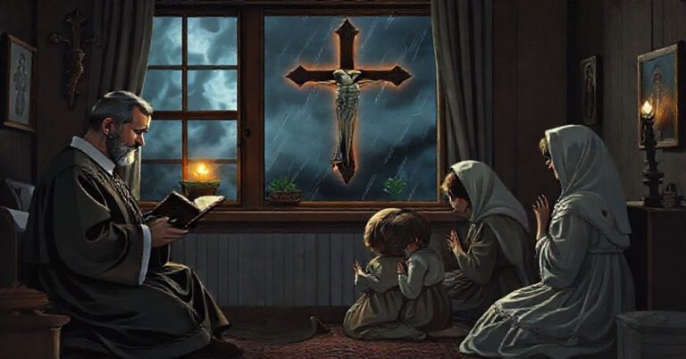 Rodzina katolicka modli się w tradycyjnym domu podczas Anioła Pańskiego, z krzyżem i ikonami religijnymi widocznymi na tle burzy symbolizującej duchową walkę.