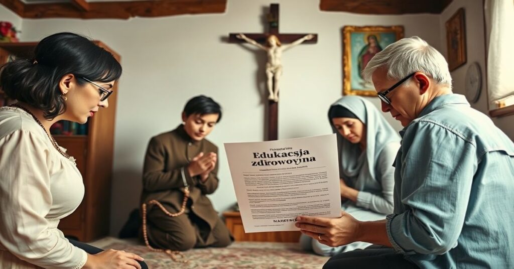 Tradycyjna katolicka rodzina modląca się przed krzyżem w domu z ulotką Ministerstwa Edukacji o edukacji zdrowotnej.
