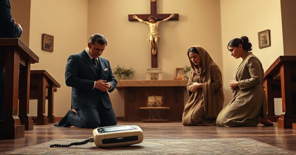 Kobieta i dwoje dzieci modlących się przed krzyżem z odrzuconym urządzeniem AI w tle