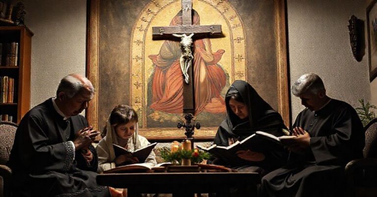 Tradycyjna katolicka rodzina modląca się w domu przed krzyżem i księgami religijnymi. Scena podkreśla świętość życia i obowiązki rodzicielskie zgodnie z prawdziwą nauką Kościoła.