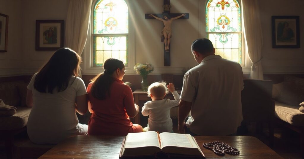 Rodzina katolicka modli się przed krzyżem w pokojowym wnętrzu, symbolizując duchową opiekę nad dziećmi w tradycyjnym kościele katolickim.