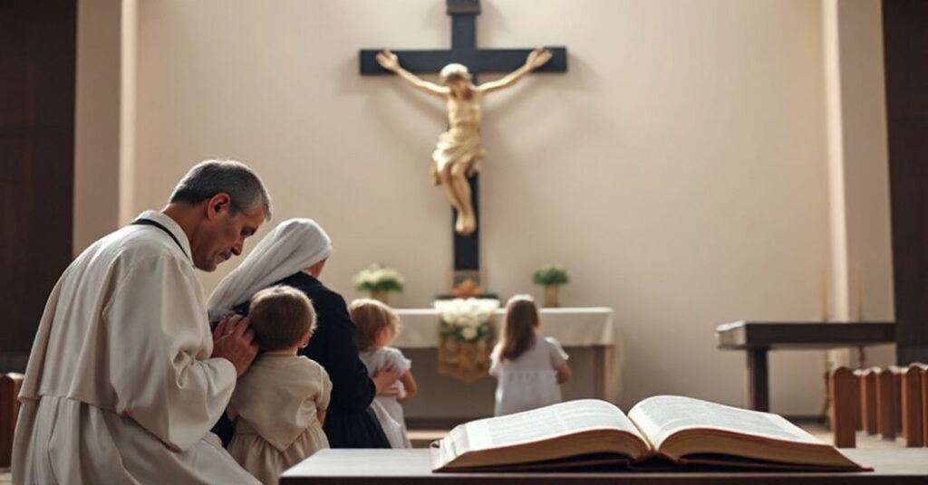 Tradycyjna katolicka rodzina modli się przed krzyżem w świetle pobożnym