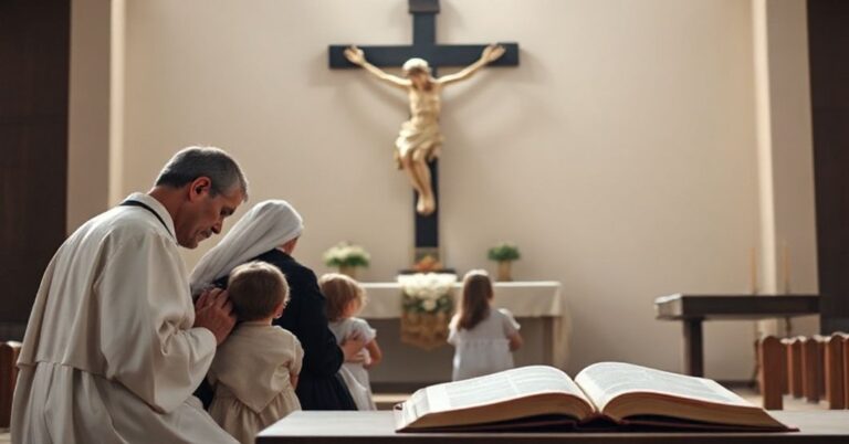 Tradycyjna katolicka rodzina modli się przed krzyżem w świetle pobożnym