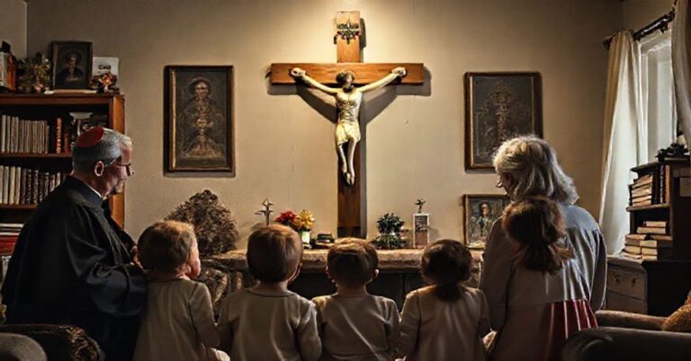 Katolicka rodzina modli się przed krucyfiksem w pokoju pełnym symboli wiary.
