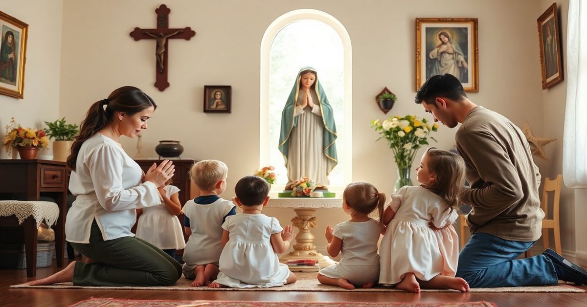 Rodzina katolicka modląca się przed figurą NMP w domowym otoczeniu