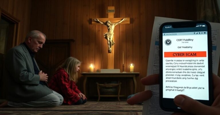 Rodzina katolicka modli się przed krzyżem w tradycyjnym domu przy świetle ekranu telefonu z ostrzeżeniem o oszustwach internetowych.