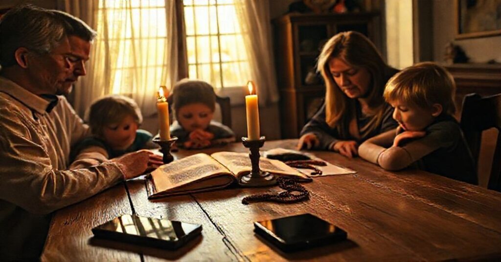 Rodzina katolicka modli się w tradycyjnym domu z różańcem i Biblią przy stole z zapaloną świecą.