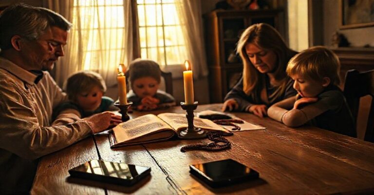 Rodzina katolicka modli się w tradycyjnym domu z różańcem i Biblią przy stole z zapaloną świecą.