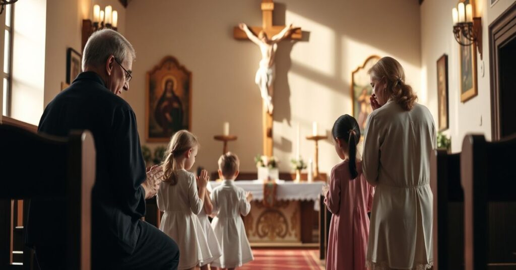 Pobożna rodzina katolicka modli się razem w tradycyjnej kaplicy, podkreślając prawdziwą obronę praw dzieci w porządku boskim