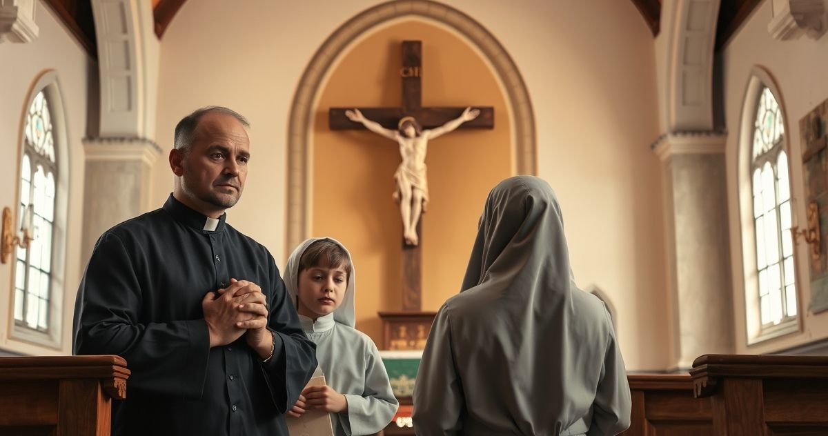 Rodzina katolicka modląca się w tradycyjnym kościele, symbolizująca wierność prawu naturalnemu i wierze katolickiej w obliczu ideologii gender