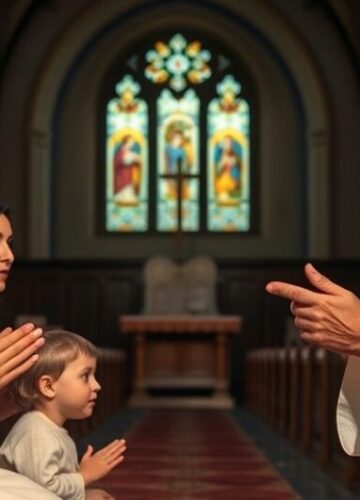 Rodzina katolicka w modlitwie, symbol wiary i ochrony duchowej Rodzina katolicka modląca się w kościele, z kapłanem błogosławiącym dzieci, podkreślająca duchową ochronę ponad materialne ubezpieczenia
