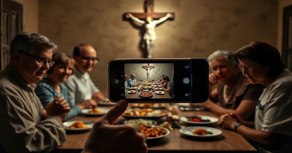 Rodzina katolicka w modlitwie podczas posiłku przed krzyżem