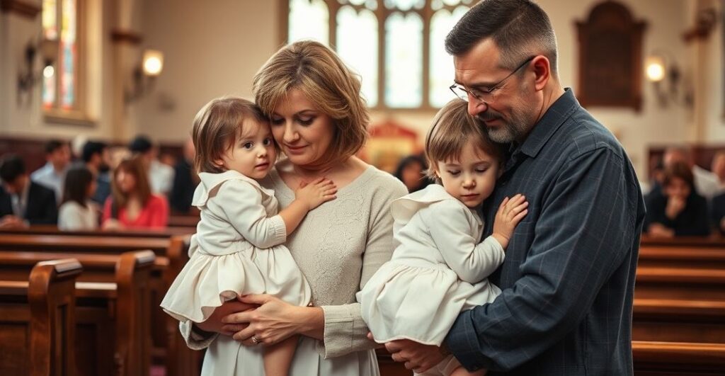 Rodzina katolicka w kościele, symbolizująca prawo naturalne i rolę rodziców jako głównych wychowawców dzieci