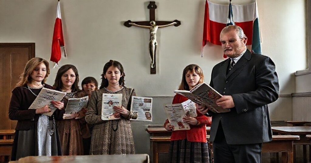 Rodzina katolicka w klasie szkolnej protestuje przeciwko wsparciu przez rząd ideologii gender pod pozorem edukacji zdrowotnej
