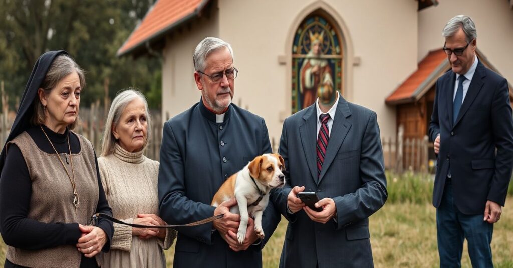 Rodzina katolicka w tradycyjnym polskim krajobrazie wiejskim trzymająca psa na smyczy z obawami w obliczu prezentacji urządzenia do mikrochipowania przez urzędnika rządu.