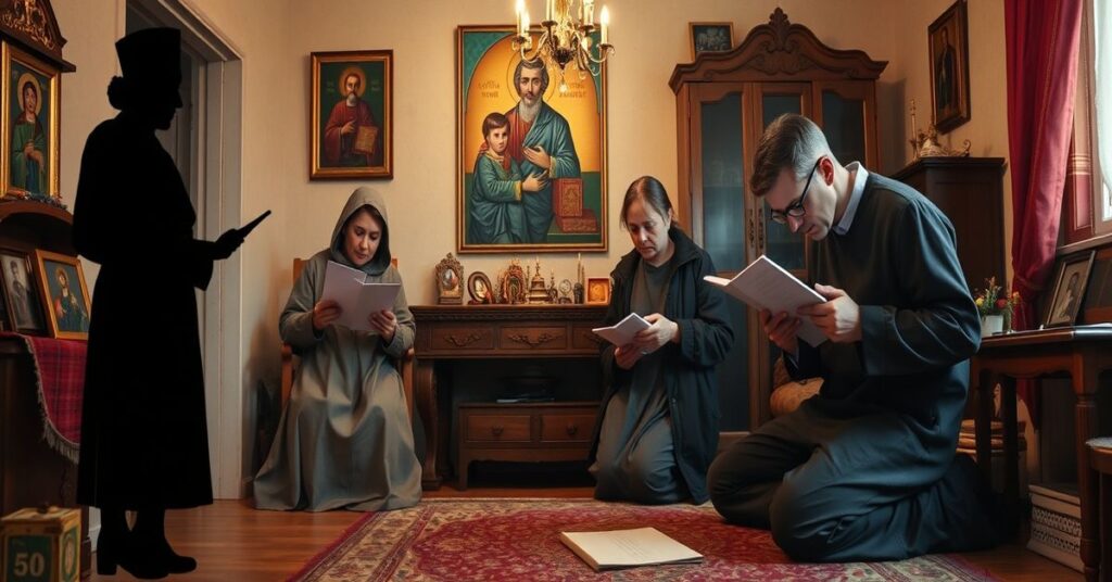 Tradycyjna katolicka rodzina modląca się w domowym wnętrzu podczas inwazji państwa na rodzicielstwo