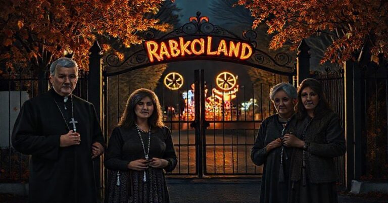 Tradycyjna katolicka rodzina stoi przed zamkniętymi bramami parku Rabkoland z pogañskimi symbolami w tle. Widząc ich troskliwe twarze z różańcami w rękach można wyczuć ich moralny sprzeciw wobec rozrywki oddalonej od wiary.