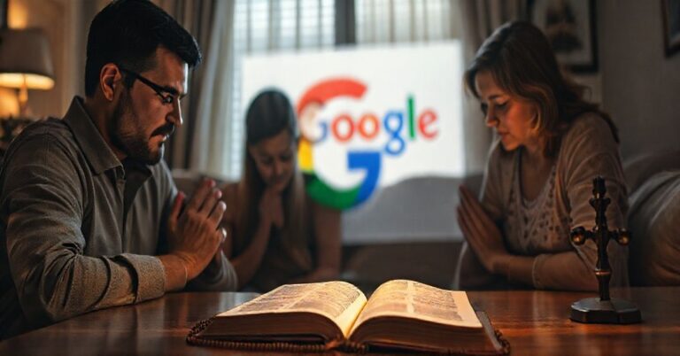 Rodzina katolicka w Teksasie modli się razem, z subtelnym obrazem logo Google zakłócającym ich prywatność przez monitor komputera.