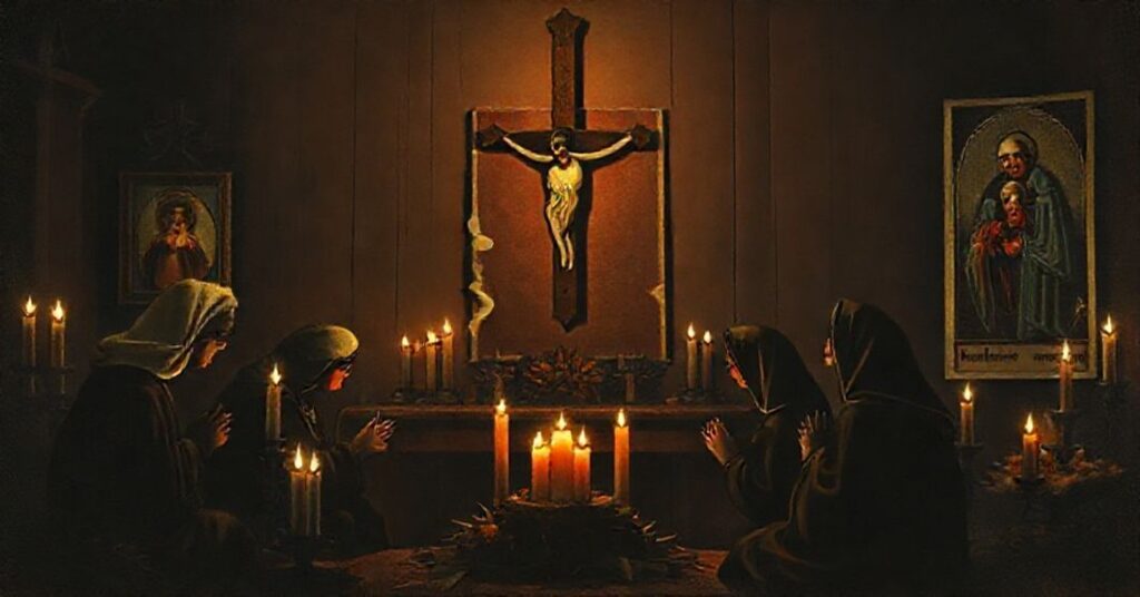 Rodzina katolicka modli się w Adwencie w tradycyjnym domu z obrazami Jezusa i Maryi