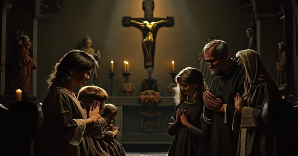 Tradycyjna rodzina katolicka modli się w kaplicy, symbolizując kryzys duchowy Europy i potrzebę powrotu do chrześcijańskich wartości.