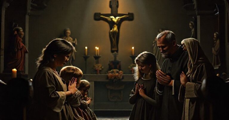 Tradycyjna rodzina katolicka modli się w kaplicy, symbolizując kryzys duchowy Europy i potrzebę powrotu do chrześcijańskich wartości.
