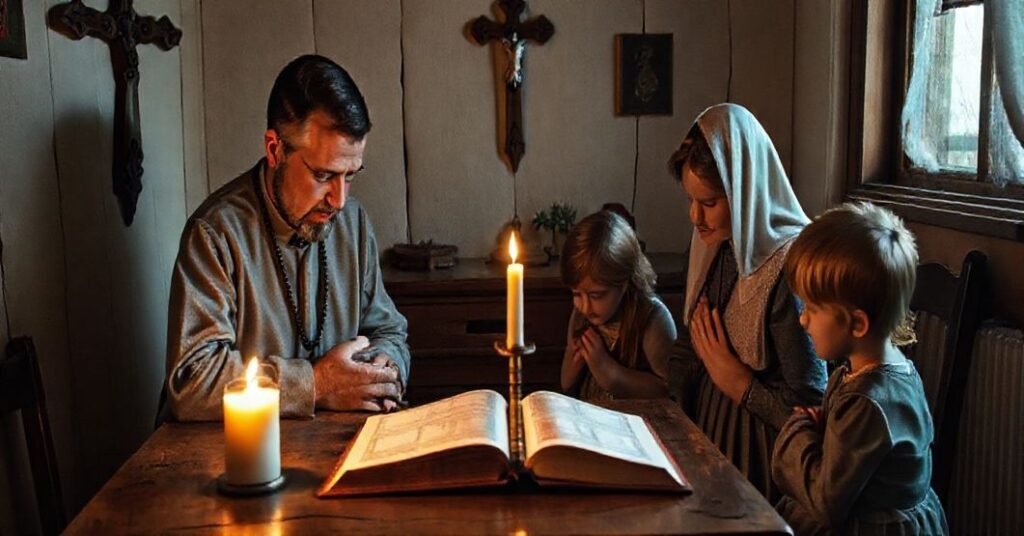 Tradycyjna rodzina katolicka modli się w domu z krzyżem, różańcem i Biblią na stole