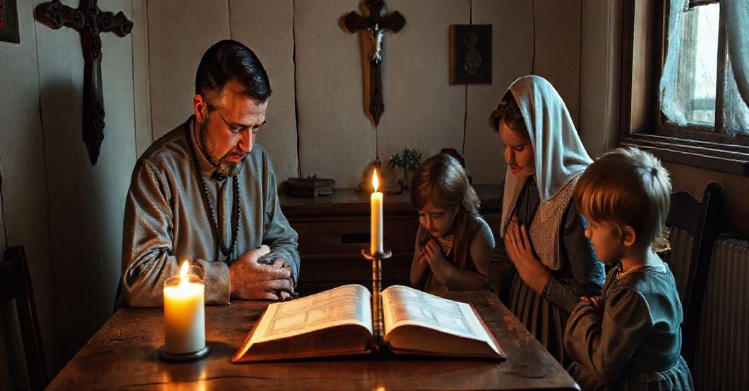 Tradycyjna rodzina katolicka modli się w domu z krzyżem, różańcem i Biblią na stole