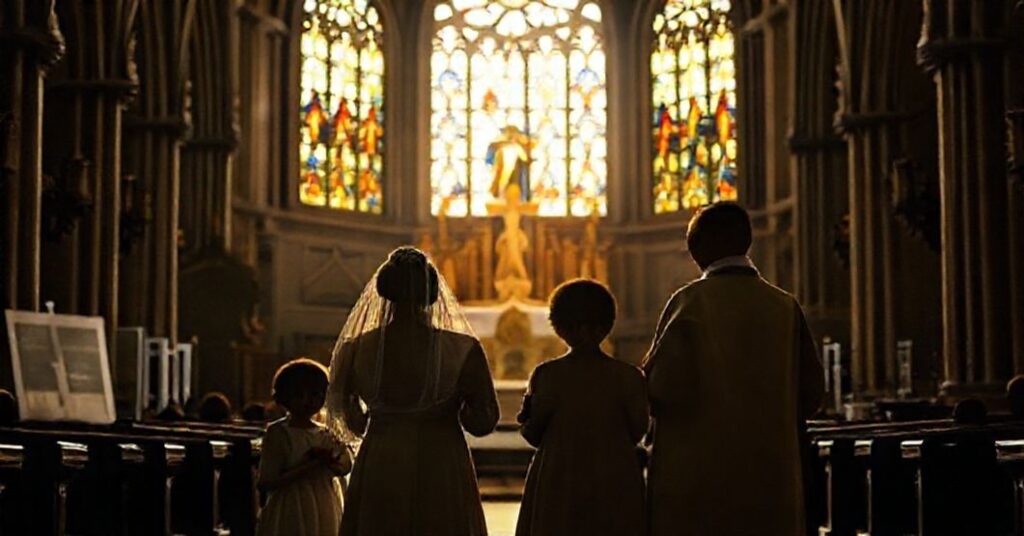 Rodzina katolicka w modlitwie przed ołtarzem w kościele, z cieniem laboratorium IVF w tle.