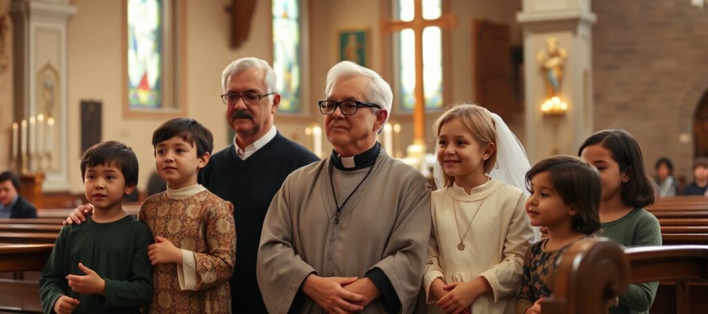 Rodzina katolicka z pięciorgiem dzieci uczestnicząca w Mszy Świętej. Ojciec wykazuje mądrość i spokój, podkreślając prawdziwą katolicką świętość.