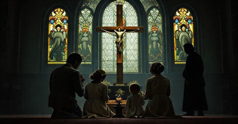 Tradycyjna katolicka rodzina modli się przed krzyżem w obecności symbolicznego cienia kompromisu z grzechem