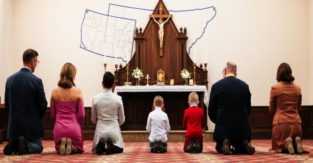 Katholicka rodzina modląca się przed ołtarzem z mapą USA i Vermont w tle.
