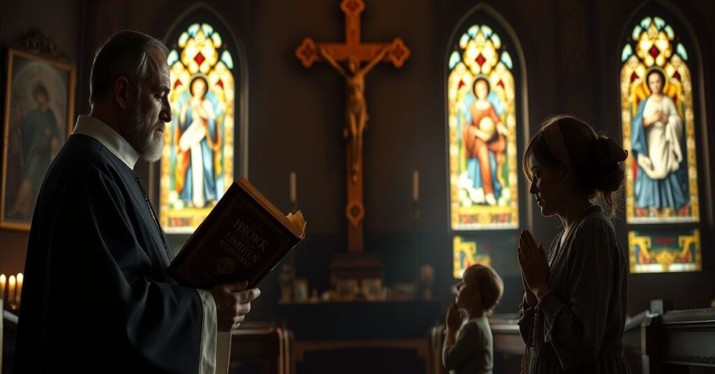 Pokłonienie się w kaplicy katolickiej z rodzicami i dziećmi modlącymi się podczas Wielkiego Postu