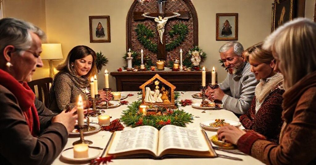 Tradycyjna katolicka rodzina zjednoczona w modlitwie podczas Wigilii Bożego Narodzenia przy stole z szopką betlejemską i Biblią otwartą