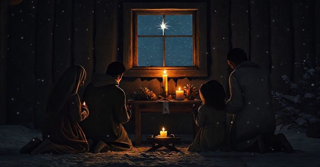 Rodzina katolicka modli się przed świątecznym ołtarzykiem pod pierwszą gwiazdką wigilijną