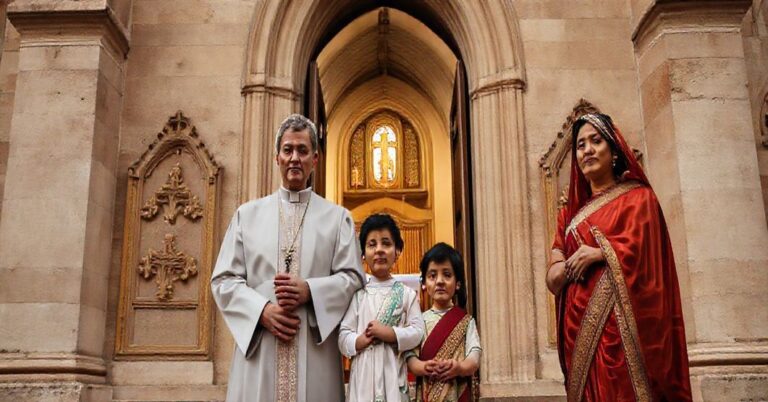 Tradycyjna katolicka rodzina przed kościołem, symbolizująca konflikt wierzeń w związku mieszanym.