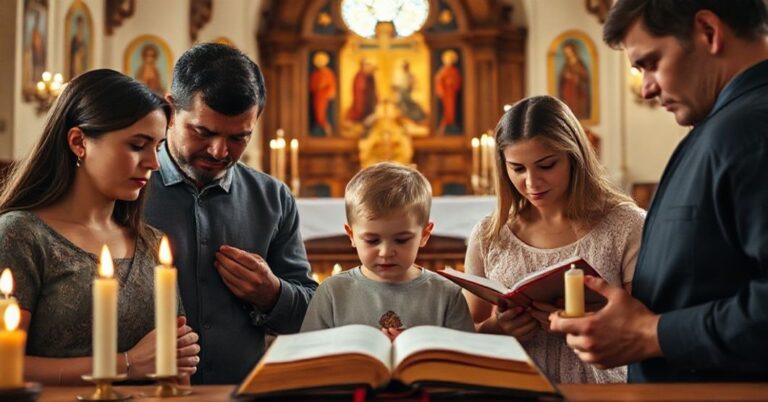 Kobieta z dzieckiem z Zespołem Downa modląca się w kościele tradycyjnym