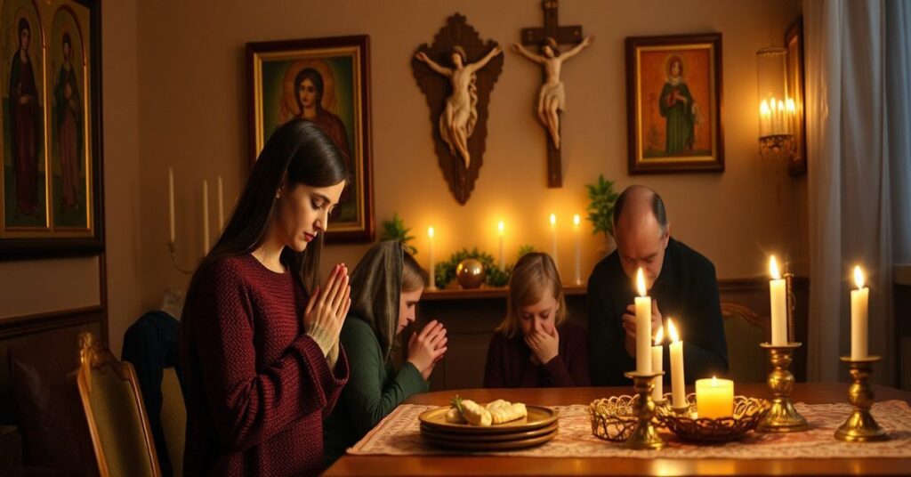 Kobieta z dzieckiem modlącymi się w tradycyjnym wnętrzu polskim podczas ferii zimowych