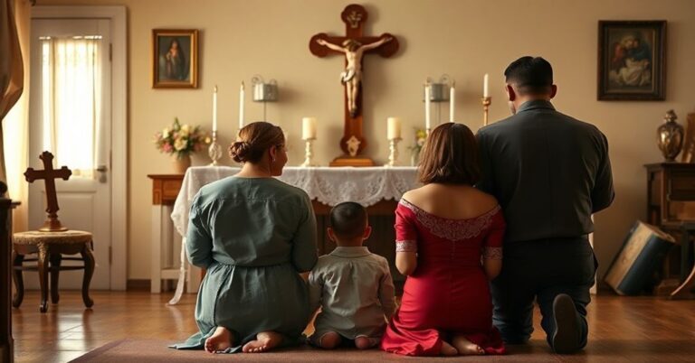 Rodzina modląca się przed ołtarzem katolickim w tradycyjnym domostwie