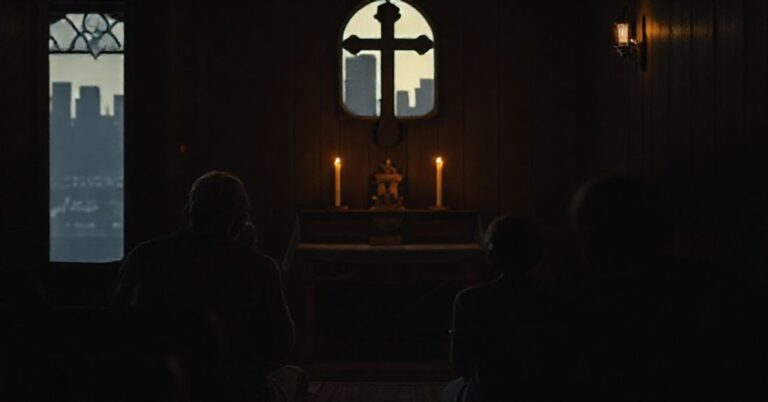 Rodzina modląca się w tradycyjnej kaplicy rzymskokatolickiej z krzyżem i świecami na ołtarzu.
