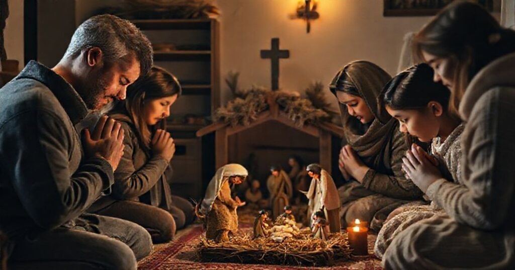 Rodzina katolicka modlącą się przed szopką betlejemską w tradycyjnym domu.