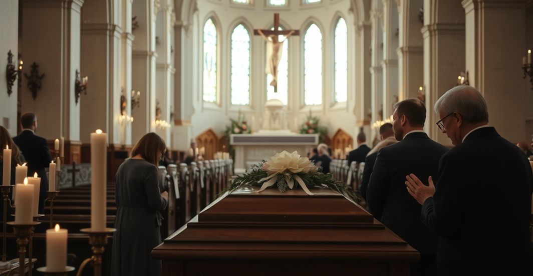 Rodzina modli się nad trumną zmarłego w tradycyjnym kościele katolickim, ukazując głęboki smutek i wiarę w życie wieczne.