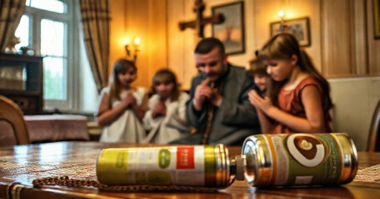 Kobieta i dzieci modlący się przed krzyżem w tradycyjnym domu polskim