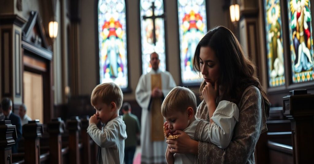 Rodzina modłąca się w tradycyjnym koście z księdzem w tle. Scena symbolizuje nadzieję i pokutę po tragedii.