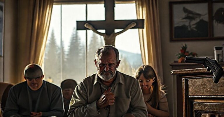 Rodzina modli się w pokoju z krzyżem i różańcem przed obrazem św. Tomasza z Akwinu.