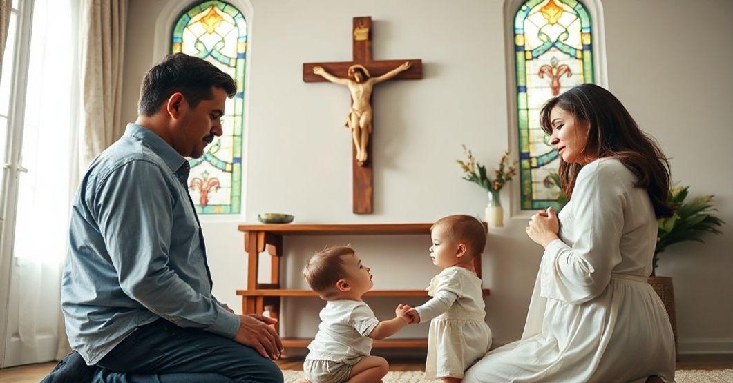 Rodzina modli się przed krzyżem w tradycyjnym katolickim domu