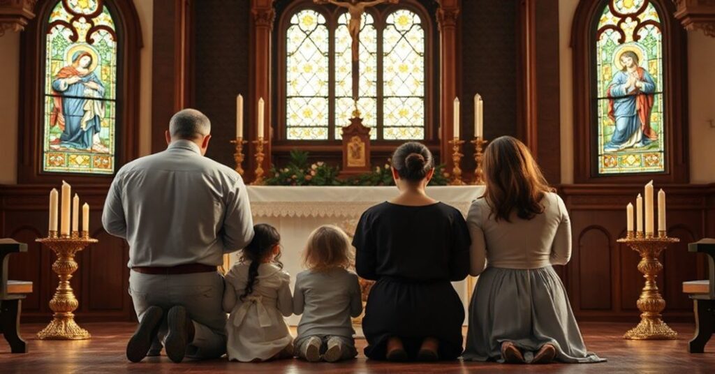 Rodzina katolicka modląc się przed ołtarzem w tradycyjnym kościele, symbolizująca świętość małżeństwa i rodzinnego życia